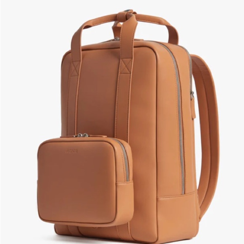 Monos Elegant Tan Vegan Leather Backpack with Pouch